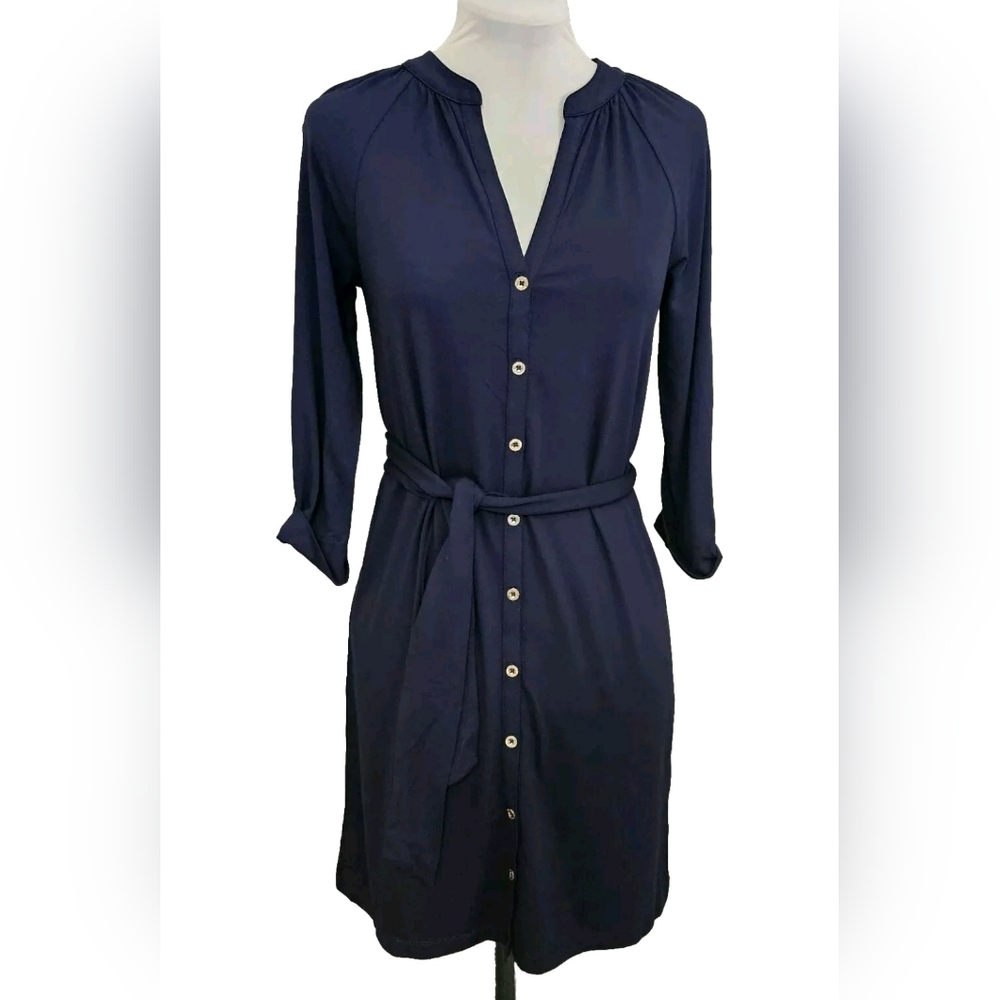 Lilly Pulitzer Navy Bailor Shirt Dress Wmns XS Jersey Knit Roll Tab Sleeve NWT